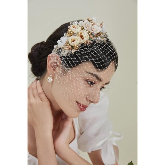 Women’s 1920s Mesh Flower Pearl Veil Fascinator Headband for Weddings